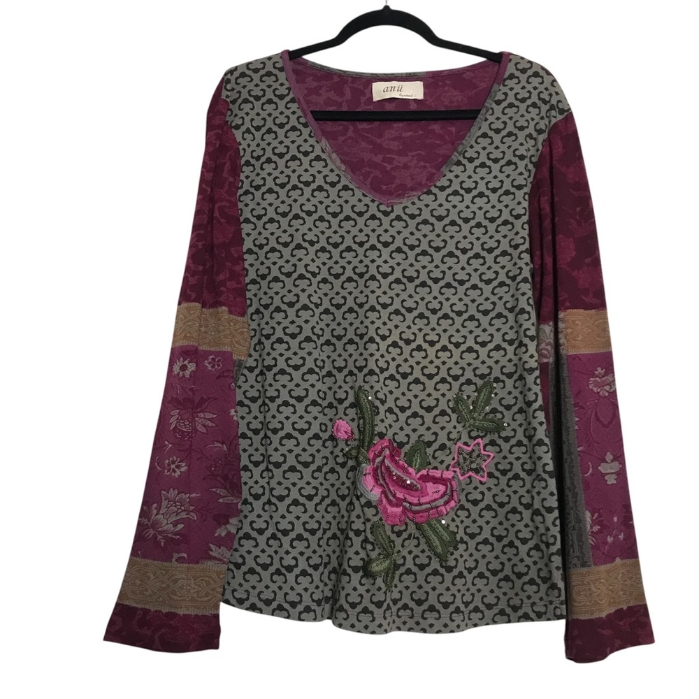 Anu Red Floral Sequins Embroidered Long Sleeve Top Women Size L Whimsigoth Fairy